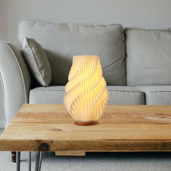 3d Printed Lamp, Bedside Table Lamp, Warm Night Light 3D Print Moonlight, Giftwarming Gift, PLA Lampshade, Wood Base