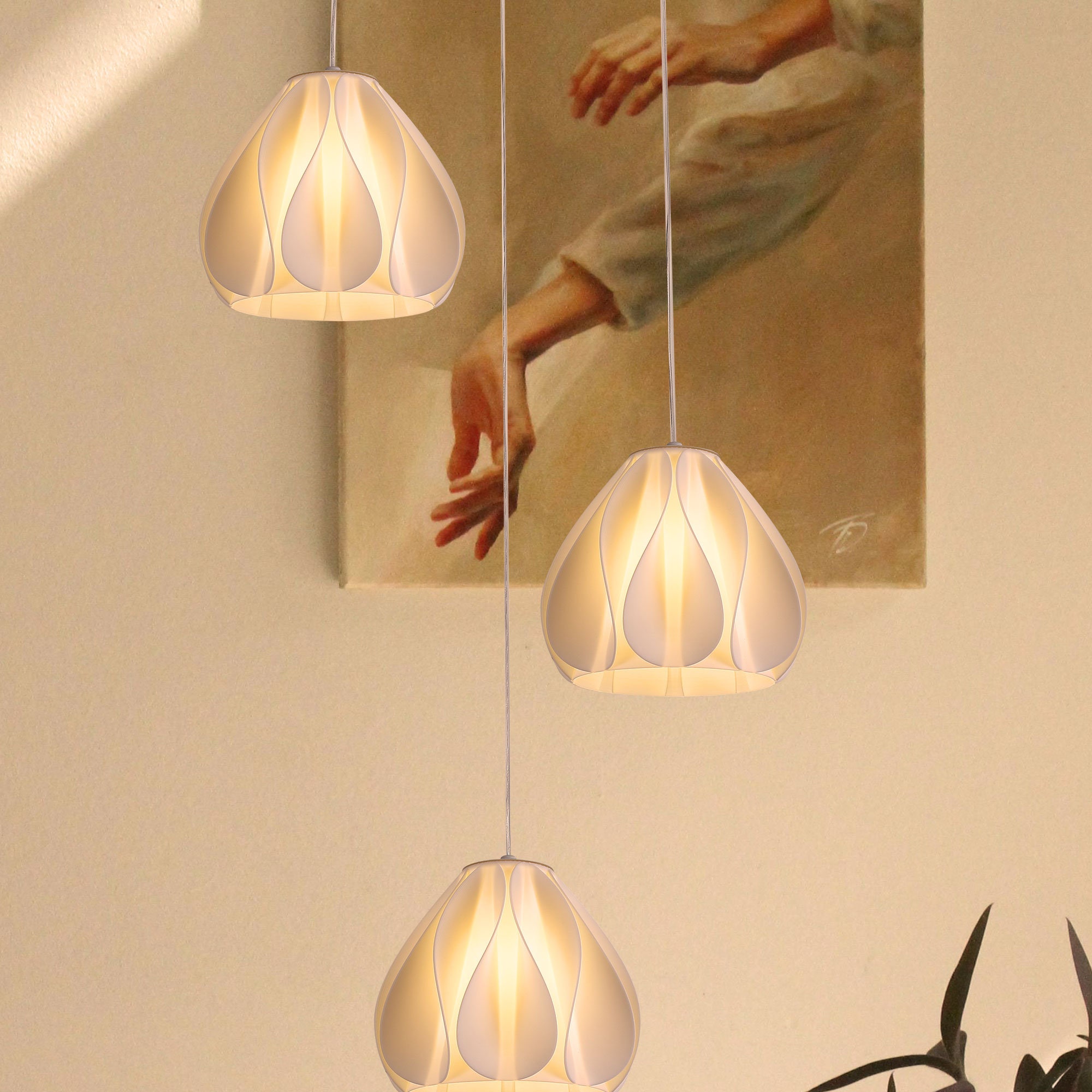 3D Printed Pendant Light for Kitchen Island, Set of 3 Modern Wavy Pendant Lampshades, Elegant Pearl White Chandelier, 2 Types Optional