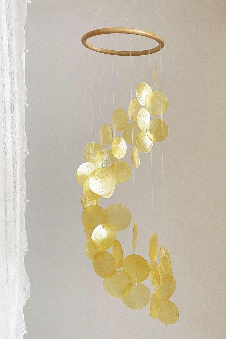 Yellow Capiz Shell Wind Chime Wall Hanging Mobile Decor, Boho Dreamcatcher, Garden Decoration, Multi Colors Optional, Housewarming Gift image 2