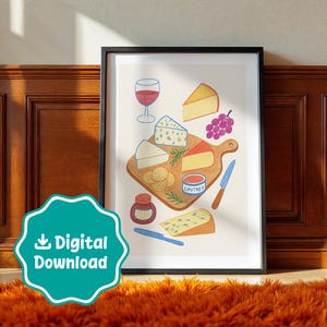 Cheese Board Digital Art Print – Pastel Wine & Cheese Illustration | Kitchen Wall Art | Charcuterie Lover Gift | Picnic Party Décor
