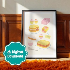 British Bakery Digital Art Print – Cute Pastel Cakes & Sweets Illustration | Kitchen Wall Art | Afternoon Tea Decor | Dessert Lover Gift
