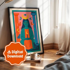 The High Priestess Tarot Card Digital Print- Risograph Illustration | Spiritual Moon Goddess Wall Art | Retro Witchy Decor for Tarot Lovers