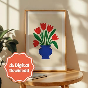 Tulip Bunch in Blue Vase Digital Art Print – Minimalist Floral Poster | Mid-Century Modern Wall Art | Colourful Botanical Illustration