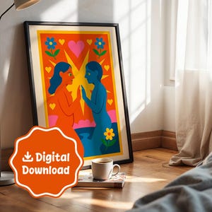 Impressão digital da carta de tarô "Os Amantes" – Arte de parede retrô Risograph | Ilustração vibrante de relacionamento e romance | Pôster de amor ousado