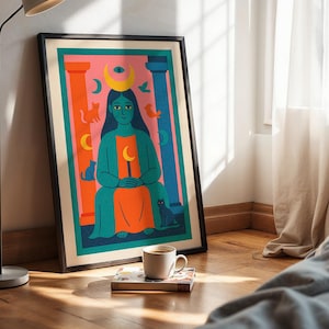 The High Priestess Tarot Card Print - Risograph Illustration | Spiritual Moon Goddess Wall Art | Retro Witchy Decor for Tarot Lovers