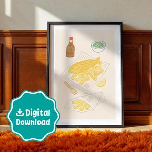Fish and Chips Digital Art Print – Handgezeichnete britische Imbiss-Illustration | Kunst für Küche | Nostalgisches Geschenk für Feinschmecker