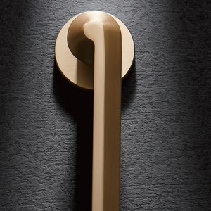 May include: A brushed gold door handle with a rounded rectangular shape and a circular knob.