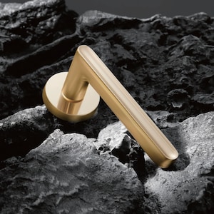 May include: A gold door handle with a round base and a long, curved lever. The handle is set against a dark gray, textured background.