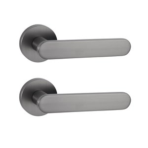 May include: Two brushed nickel door handles with a rounded rectangular shape. The handles are designed for interior doors.