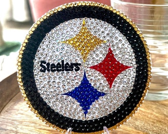 Pittsburgh Steelers coaster or round with stand, handmade, game day essentials, Steelers gifts, fangear Steelers merch, steelers superbowl