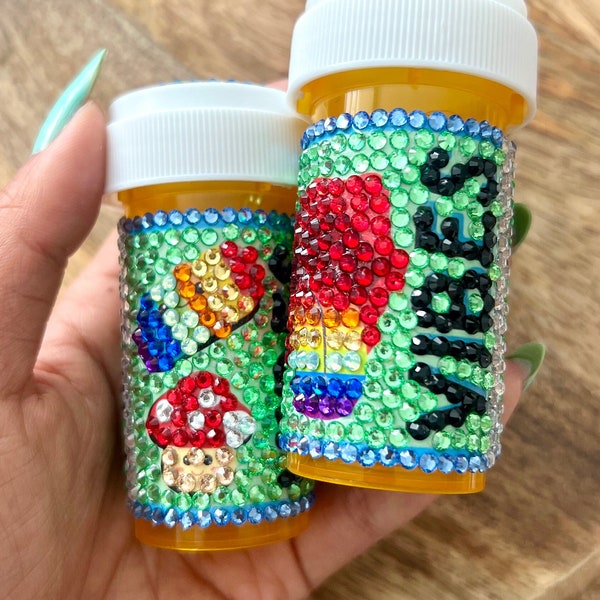 NEW Vibes bedazzled pill bottles - LIMITED supply, bling pill bottle, cheap bling case, festival essentials, new pill art, rainbow, mushroom