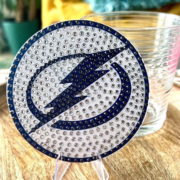 Tampa Bay Lightning coaster or art accent - pictures to come, Tampa Bay Lightning merch, Lightning logo, rhinestone and bedazzled, NFL gifts