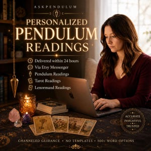 May include: A person using a laptop with text reading Personalized Pendulum Readings, Delivered within 24 hours, Via Etsy Messenger, Pendulum Readings, Tarot Readings, Lenormand Readings, Channeled Guidance, No Templates, 500+ Word Options, Accurate Insightful Trusted.