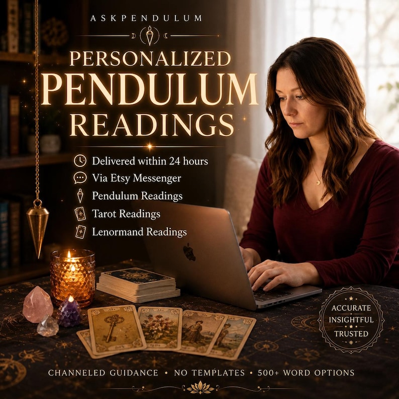May include: A person using a laptop with text reading Personalized Pendulum Readings, Delivered within 24 hours, Via Etsy Messenger, Pendulum Readings, Tarot Readings, Lenormand Readings, Channeled Guidance, No Templates, 500+ Word Options, Accurate Insightful Trusted.