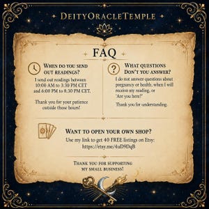 May include: A parchment-style FAQ graphic for DeityOracleTemple with dark blue borders. It details reading times between 10:00 AM and 8:30 PM CET, exclusions for health or pregnancy questions, a link for 40 free Etsy listings, and a thank you message.