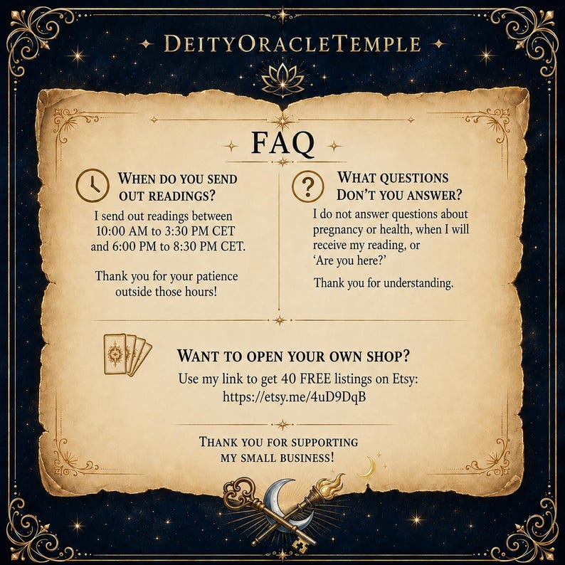 May include: A parchment-style FAQ graphic for DeityOracleTemple with dark blue borders. It details reading times between 10:00 AM and 8:30 PM CET, exclusions for health or pregnancy questions, a link for 40 free Etsy listings, and a thank you message.