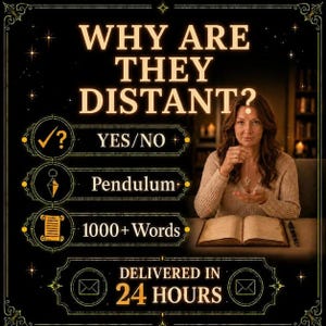 Op de afbeelding: Een zwarte afbeelding met gouden tekst: WHY ARE THEY DISTANT? YES/NO, Pendulum, 1000+ WORDS en DELIVERED IN 24 HOURS. De afbeelding bevat iconen van een vinkje met een vraagteken, een pendel, een boekrol en enveloppen.