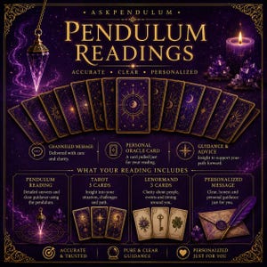 May include: A purple graphic display for Pendulum Readings featuring a hanging crystal pendulum, a row of celestial tarot cards, and sections detailing services including tarot and lenormand cards, a personalised message, and a wax-sealed envelope.
