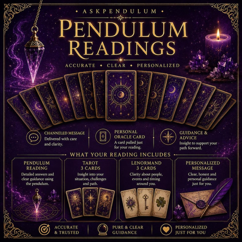 May include: A purple graphic display for Pendulum Readings featuring a hanging crystal pendulum, a row of celestial tarot cards, and sections detailing services including tarot and lenormand cards, a personalised message, and a wax-sealed envelope.
