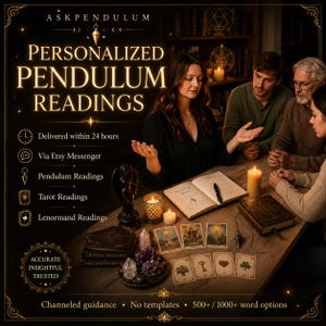 May include: A digital graphic advertisement for personalised pendulum readings featuring the text ASKPENDULUM, a person gesturing over a wooden table with tarot cards, a notebook, candles, crystals, and a pendulum, with service details listed.
