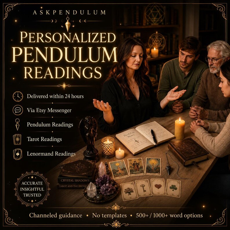 May include: A digital graphic advertisement for personalised pendulum readings featuring the text ASKPENDULUM, a person gesturing over a wooden table with tarot cards, a notebook, candles, crystals, and a pendulum, with service details listed.
