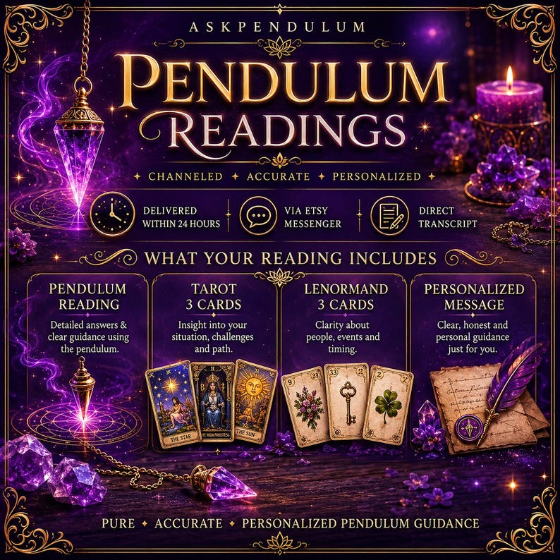 May include: A purple-themed digital graphic for pendulum readings featuring the text ASK PENDULUM PENDULUM READINGS. It includes icons for delivery time, Etsy messenger, and transcripts, plus sections for pendulum, tarot, and Lenormand card readings.
