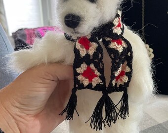 Felted Polar Bear with granny square, Scarf, Sculpture, OOAK, soft sculpture, toy, doll