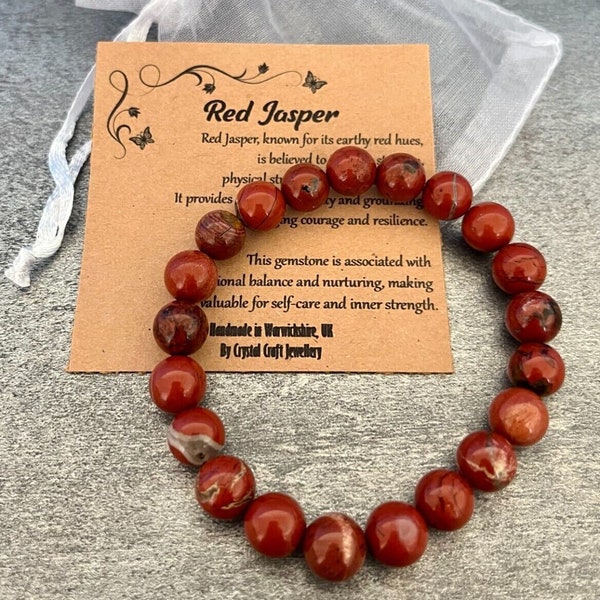 RED JASPER Bracelet Stretch Fit Handmade With Gift Bag & Card Crystal Gemstone 8mm