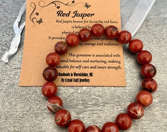 RED JASPER Bracelet Stretch Fit Handmade With Gift Bag & Card Crystal Gemstone 8mm