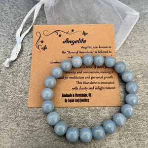 ANGELITE Bracelet Stretch Fit Handmade With Gift Bag & Card Crystal Gemstone 8mm