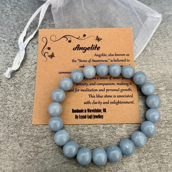 ANGELITE Bracelet Stretch Fit Handmade With Gift Bag & Card Crystal Gemstone 8mm