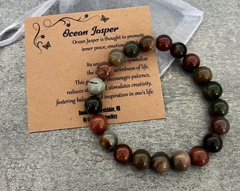 OCEAN JASPER Bracelet Stretch Fit Handmade With Gift Bag & Card Crystal Gemstone 8mm