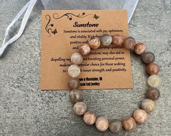 SUNSTONE Bracelet Stretch Fit Handmade With Gift Bag & Card Crystal Gemstone 8mm