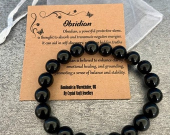 Pulsera de OBSIDIANA elástica hecha a mano con bolsa de regalo y tarjeta con piedras preciosas de cristal de 8 mm