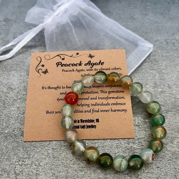 PEACOCK AGATE Bracelet Stretch Fit Handmade With Gift Bag & Card Crystal Gemstone 8mm