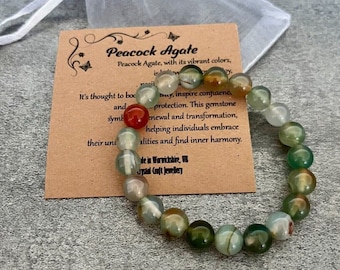 PFAUENACHAT Armband Stretch Fit Handmade mit Geschenkbeutel & Karte Kristall Edelstein 8mm