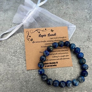 Pulsera LAPIS LAZULI Stretch Fit hecha a mano con bolsa de regalo y tarjeta de piedras preciosas de cristal de 8 mm