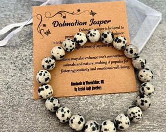 DALMATIAN JASPER Armband Stretch Fit Handmade mit Geschenktasche & Karte Kristall Edelstein 8 mm