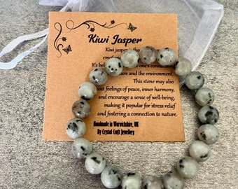 KIWI JASPER Bracelet Stretch Fit Handmade With Gift Bag & Card Crystal Gemstone 8mm