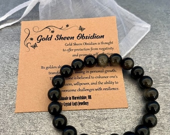 GOLDSCHimmer OBSIDIAN Armband Stretch Fit Handmade mit Geschenk Tasche & Karte Kristall Edelstein 8 mm