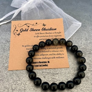 Bracelet en obsidienne brillante dorée fait main avec pochette cadeau et carte en cristal, pierres précieuses 8 mm
