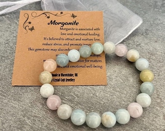 MORGANITE Bracelet Stretch Fit Handmade With Gift Bag & Card Crystal Gemstone 8mm