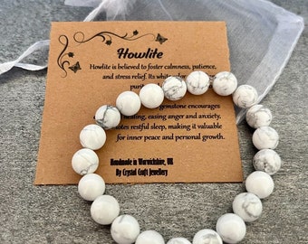 HOWLITE Bracelet Stretch Fit Handmade With Gift Bag & Card Crystal Gemstone 8mm