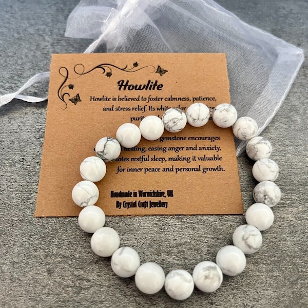 HOWLITE Bracelet Stretch Fit Handmade With Gift Bag & Card Crystal Gemstone 8mm