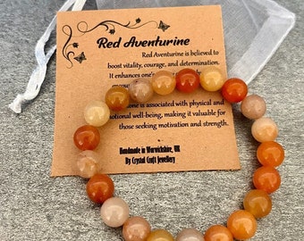 RED AVENTURINE Bracelet Stretch Fit Handmade With Gift Bag & Card Crystal Gemstone 8mm