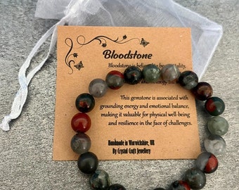 BLOODSTONE Bracelet Stretch Fit Handmade With Gift Bag & Card Crystal Gemstone 8mm