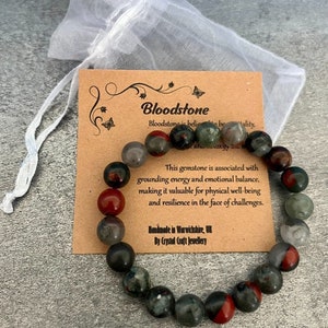 Pulsera BLOODSTONE Stretch Fit hecha a mano con bolsa de regalo y tarjeta con piedras preciosas de cristal de 8 mm