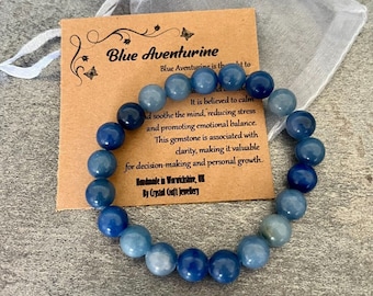 BLAUES AVENTURIN Armband Stretch Fit Handmade mit Geschenkbeutel & Karte Kristall Edelstein 8mm