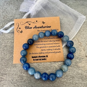 BLUE AVENTURINE Bracelet stretch fait main avec sac cadeau et carte cristal Pierres précieuses 8 mm