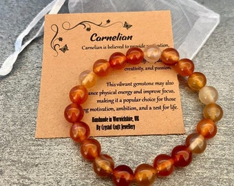 CARNELIAN Bracelet Stretch Fit Handmade With Gift Bag & Card Crystal Gemstone 8mm